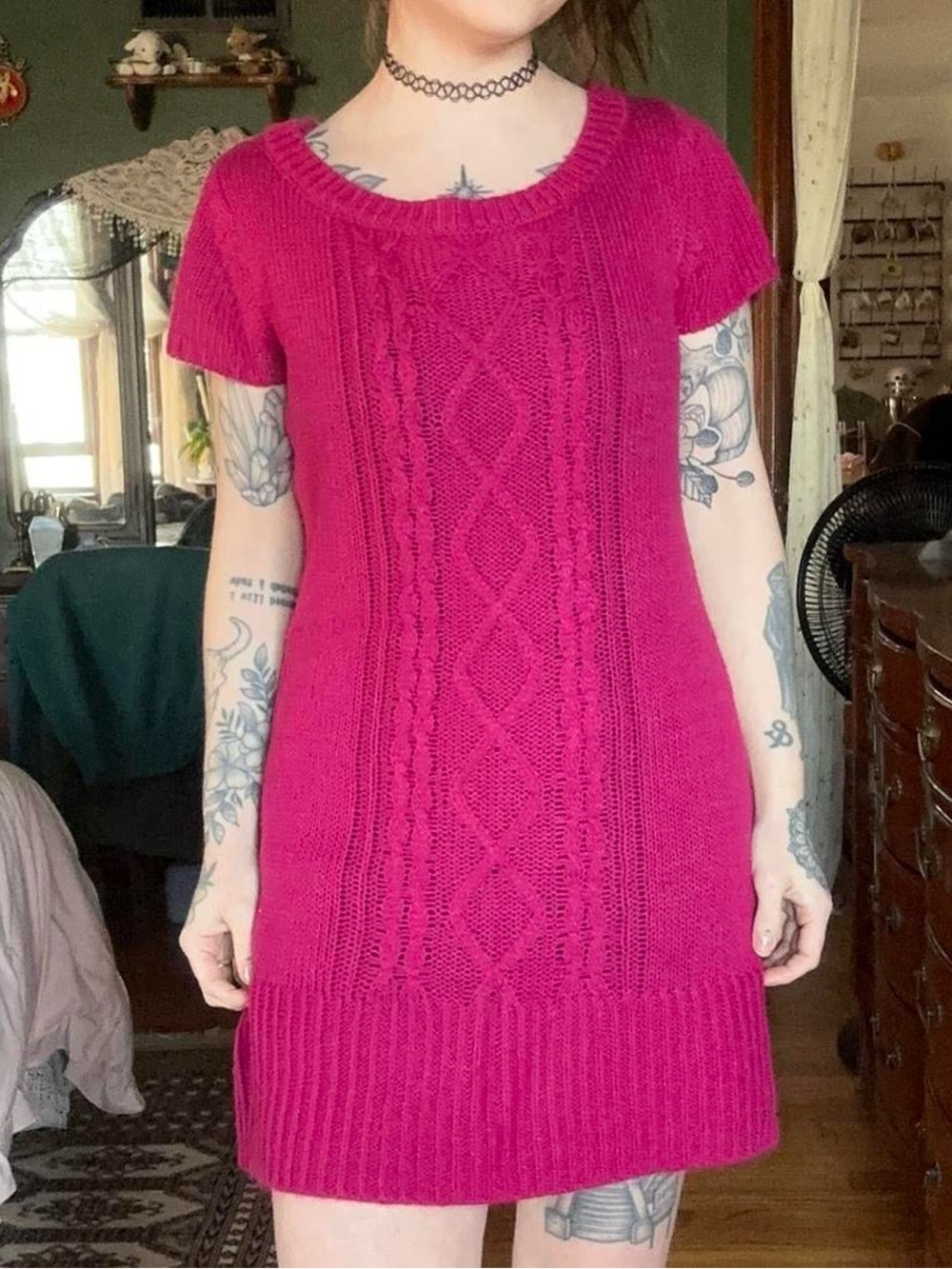 lei Fuchsia Cable-Knit Short Sleeve Sweater Dress